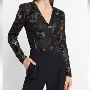 NEW Express lace embroidered v-neck long sleeve bodysuit black